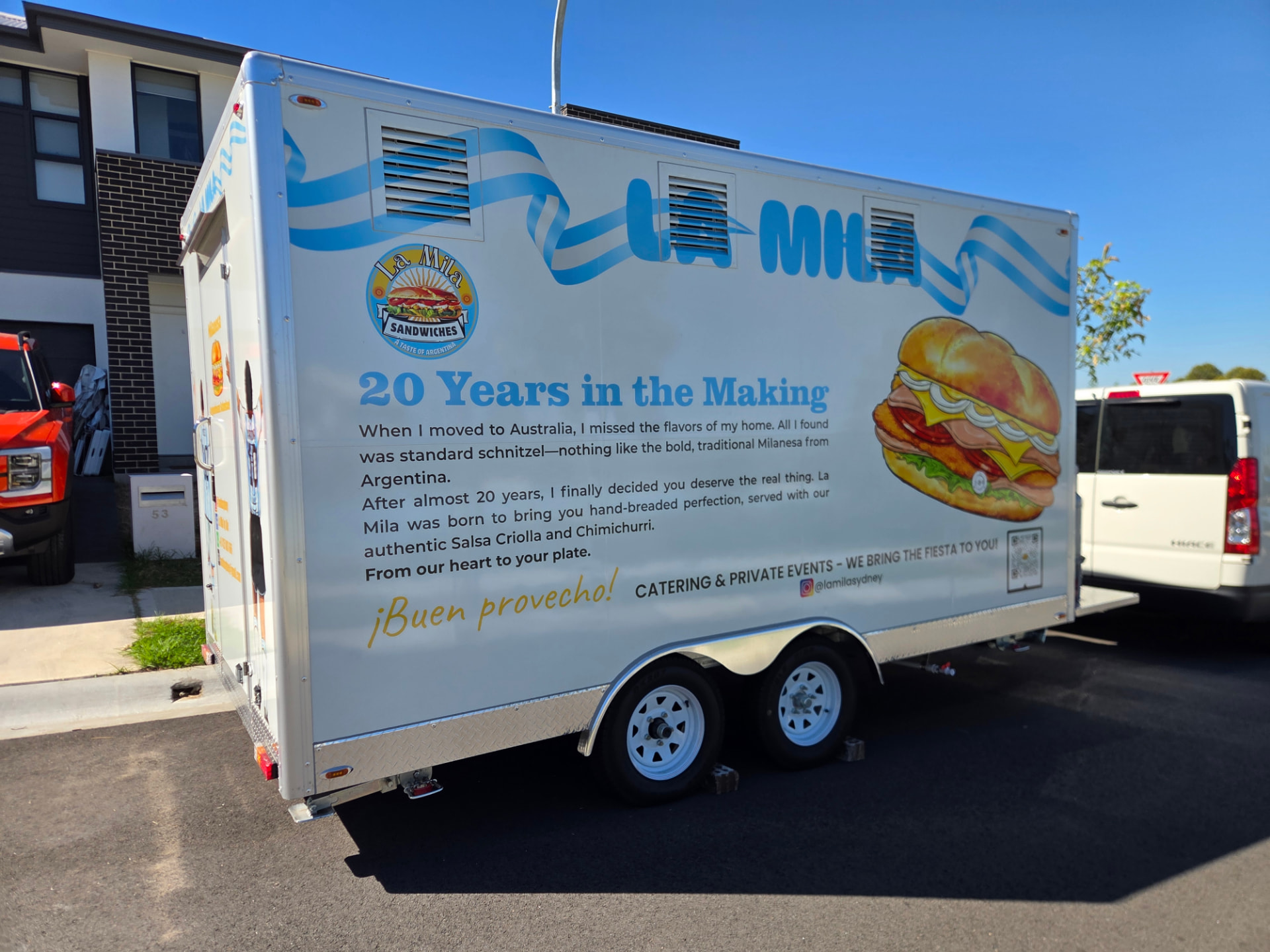 La Mila food trailer exterior with the 20 Years in the Making story wrap