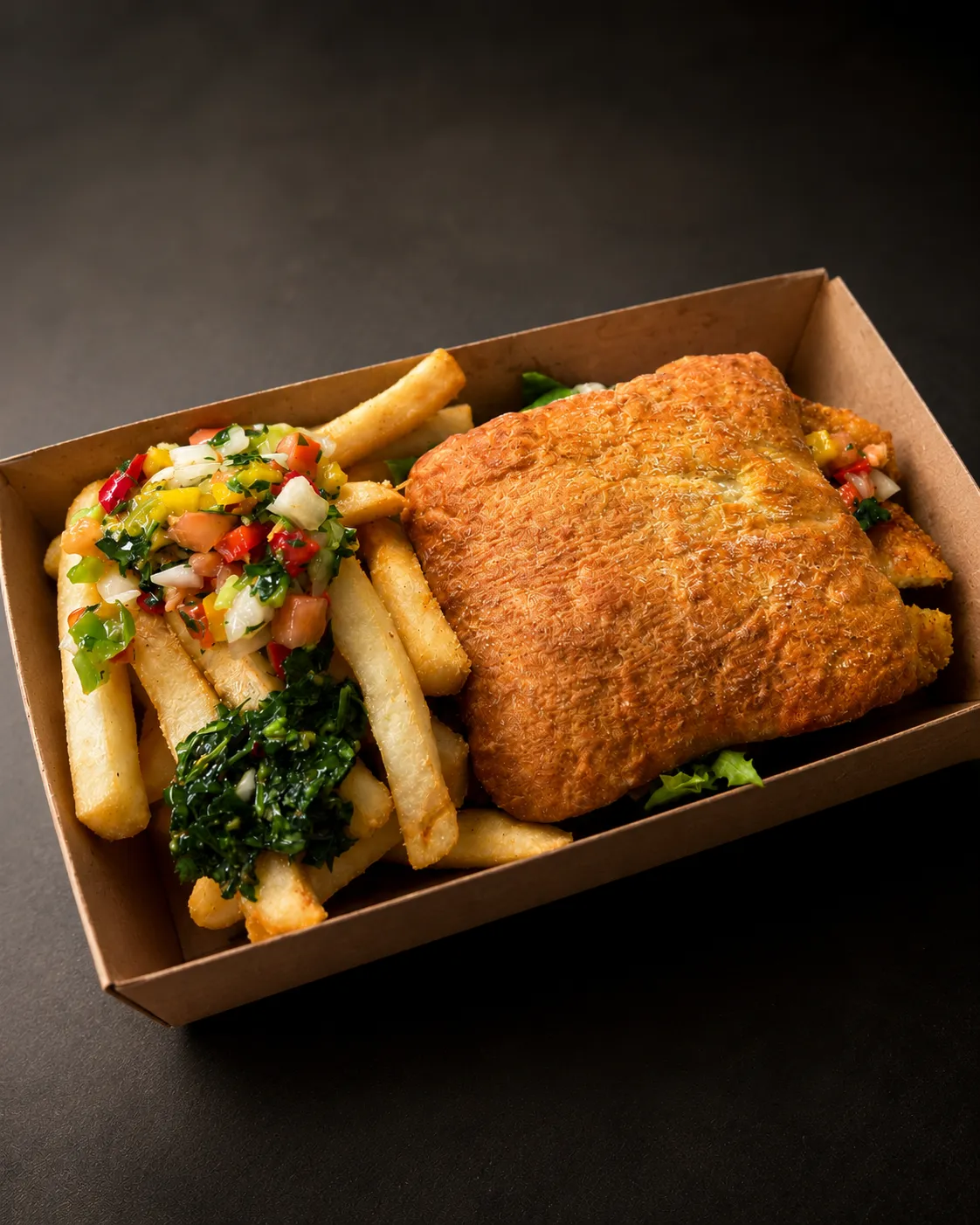 Golden chips served with a milanesa sandwich